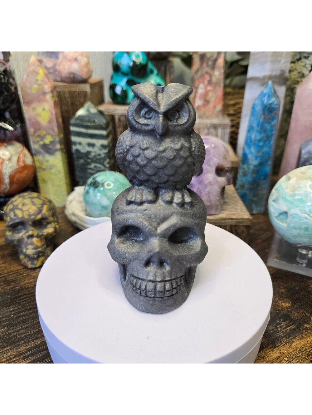 A378. Shungite Natural Crystal Skull & Owl
